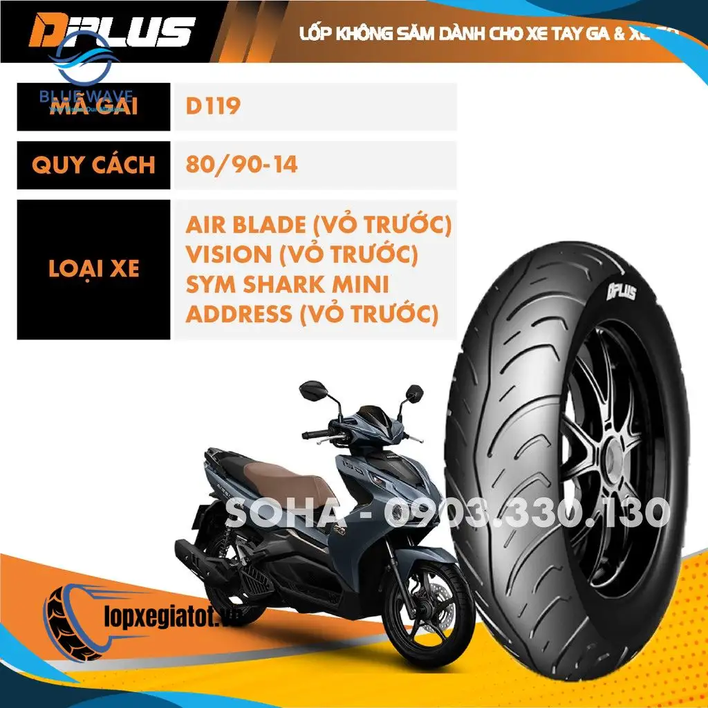 Lốp xe DRC - Vỏ/Lốp Trước Xe Honda AirBlade, Vision (Không Ruột) 80/90-14 DPLUS